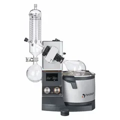 Manual lift rotary evaporator with 5 L capacity, rotation speed range 10 to 280 RPM, and 1300 W heating capacity. Features two separate knobs with dynamic control for setting rotation speed and heating bath temperature, allowing fast turning for large adjustments and slow turning for precise set values. Includes a G3 vertical condenser. Suitable for solvent removal, concentration, drying, and solvent recycling in laboratory settings.