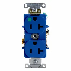 This LEVITON duplex receptacle is rated 20 A at 125 V AC with a 5-20R configuration. It is hospital grade and color-coded blue. Suitable for general-purpose power distribution in commercial and institutional settings where robust outlets are required.