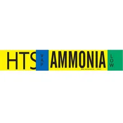 This ammonia pipe marker is a fiberglass carrier mounted with strapping, designed for use on pipes 8 inches and larger in outside diameter. It is marked for HTS (VAP, Low) systems per IIAR standards and includes directional arrows. Suitable for identifying ammonia piping in industrial refrigeration applications.