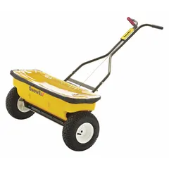 This manual walk-behind spreader is constructed with a stainless steel frame for corrosion resistance. It holds up to 160 lb of salt or ice melt and distributes material with a maximum spread width of 2.33 ft. Suitable for de-icing walkways, driveways, and small lots.