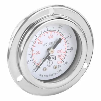 WINTERS Panel-Mount Pressure Gauge: Front Flange, 0 psi to 160 psi, 2 in Dial, 1/4 in NPT Male - Front-Flange Panel-Mount with Brass/Bronze Wetted Parts