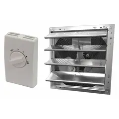 This gable-mount attic exhaust fan from Dayton is designed for attics up to 1,500 sq ft. It features a standard-efficiency motor delivering a maximum airflow of 1,095 cfm at 120V AC and 1.0 A. The unit includes a built-in thermostat for automatic temperature control and a shutter. It is suitable for general attic ventilation to reduce heat buildup and moisture.