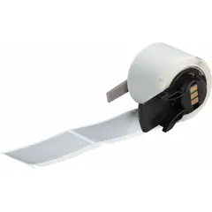 Silver polyester precut label roll measuring 1 in x 2 in. Material is halogen-free and metal detectable, suitable for environments requiring contamination control and traceability. Compatible with Brady M710 printer series when used with a media adapter.