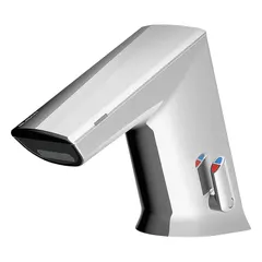 Cast zinc construction with chrome finish. Single-post design with battery-powered touchless operation. Includes (4) AA alkaline batteries and back-check tee. Suitable for commercial restroom applications requiring hands-free activation.