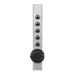 Mechanical keypad lock for cabinets and lockers, featuring a deadbolt latch and satin chrome finish. Body dimensions: 5 1/4 in height, 7/8 in width, 3/4 in depth. Suitable for securing storage units in settings requiring keyless access.
