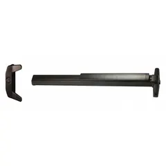 This rim exit device features a touchbar style and a bronze finish. It is ADA compliant and includes a night latch outside trim. Suitable for doors up to 3 ft wide, it provides safe egress in commercial and institutional settings.