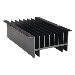 Aluminum panel-mount heat sink with integrated fan for thermal management of single or dual solid-state relays. 0.7°C/W thermal resistance. Suitable for industrial control panels and power switching applications requiring relay cooling.