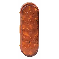 Amber LED turn signal light with oval shape and grommet mount for permanent installation. Features a PL-3 connector and meets SAE J2039 standards. Overall height of 2 3/16 inches. Used on trailers, trucks, and heavy equipment to indicate turns.