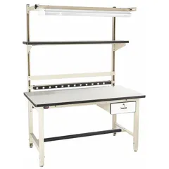 This adjustable-height workstation features a beige laminate top measuring 60 by 30 inches. It supports an overall load capacity of 5,000 lb and includes integrated power, storage, and overhead lighting. Suitable for industrial assembly, testing, and packaging areas where a durable, height-adjustable work surface is required.