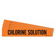 Orange adhesive pipe marker with black legend text reading 'Chlorine Solution'. Designed for pipe outer diameters of 8 inches and larger. Pack of 5 markers without directional arrows. Used to identify pipes carrying chlorine solution in industrial piping systems.