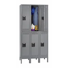 This unassembled steel locker features louvered doors for ventilation and a quiet-close mechanism. It includes a padlock hasp and number plate for secure individual storage. Suitable for use in break rooms, warehouses, and factories.