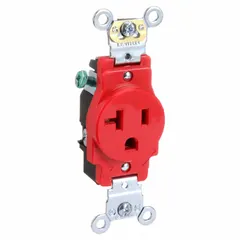 Single general-purpose receptacle with 5-20 configuration, rated 125V AC and 20A. Features a red housing and 2-pole/3-wire design. Suitable for powering equipment, tools, and appliances in commercial and industrial environments.