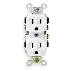 This duplex general-purpose receptacle is rated 125V AC, 15A with a NEMA 5-15R configuration. It features a 2-pole, 3-wire grounding design and a white finish. Suitable for standard electrical systems in residential, commercial, and light industrial environments for powering 125V AC devices.