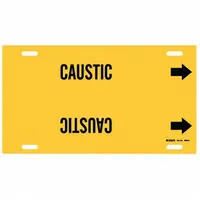 Yellow strap-on pipe marker with black legend reading 'Caustic' and directional arrows. Fits pipe outer diameters of 10 to 15 inches. Used to identify pipes carrying caustic substances in industrial facilities