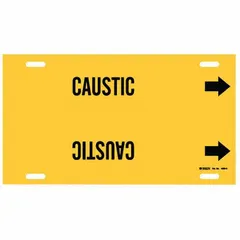 Yellow strap-on pipe marker with black legend reading 'Caustic' and directional arrows. Fits pipe outer diameters of 10 to 15 inches. Used to identify pipes carrying caustic substances in industrial facilities.