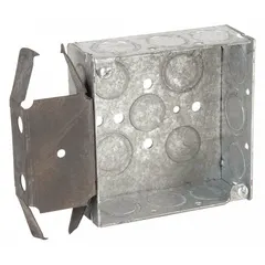 Steel 4" x 4" square electrical box with 2-gang capacity. Features a stud clamp bracket style for mounting to studs. Supplied without internal clamps. Suitable for use as a junction box or device box in residential and commercial construction.