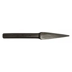 Steel cape chisel with a 3/16 in blade width and 5 3/4 in overall length. Plain grip handle. Used for cutting keyways, slots, and grooves in metal. Meets ASME B107.410-2008 standards.