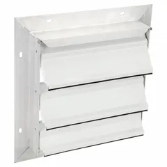 Wall-mount backdraft damper with single-panel flat blade design. Measures 15 inches high by 15 inches wide by 2.5 inches deep. Supports horizontal airflow direction and vertical mounting. Maximum air velocity of 2500 fpm. Used to prevent reverse airflow in ventilation systems.