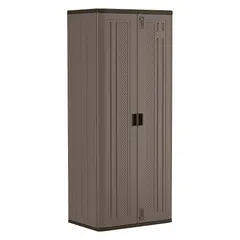 Stationary resin cabinet with three adjustable shelves, recessed pull handle, and padlock hasp. Frame base, unassembled. Color: Platinum/Slate. Suitable for organizing tools, supplies, or equipment in garages, workshops, or light industrial settings.
