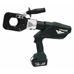 This battery-powered cable cutter is designed for cutting 5/8 in guy strand and 5 mm ACSR wire. It features a pistol grip and guillotine-style cutting head, operating on the Makita 18V LXT platform. Suitable for utility, construction, and telecommunications tasks requiring portable cutting of steel or aluminum-reinforced cable.