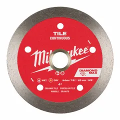 This 4-inch diamond blade is designed for cutting tile, granite, and marble using angle grinders. It features a 5/8-inch to 7/8-inch arbor size and supports both wet and dry operation.