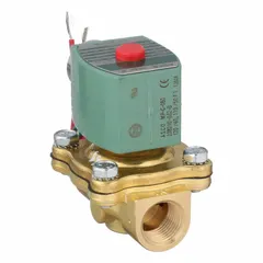 This REDHAT solenoid valve is a 2-way, 2-position normally closed valve with a 1/2 in pipe size and 110V AC voltage. The watertight coil enclosure provides protection in damp or washdown environments. Typical applications include on/off flow control of liquids or gases in industrial automation, irrigation, and process control systems.