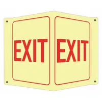V-Shape projection exit sign with mounting holes for secure installation. Nominal size 10 in x 8 in, printed on two sides. Features engineer-grade retroreflective material and glow-in-the-dark capability for visibility in low-light conditions. Suitable for marking emergency exits in commercial and industrial facilities
