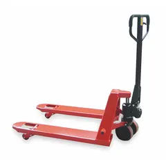 This pallet jack is designed for lifting and moving palletized loads in warehouses, distribution centers, and industrial facilities. It features fixed steel forks with a 42 in length and 27 in width, and a 14 in width between forks.