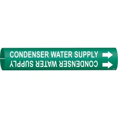 Snap-on pipe marker for identifying condenser water supply lines. Green background with white legend and directional arrows. Fits pipe outer diameters of 4 to 6 inches. Suitable for HVAC and industrial piping systems.