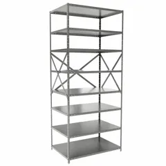 Steel frame and shelves with a gray finish. Eight shelves provide storage for tools, parts, boxes, and inventory. Unassembled unit with overall height of 84 inches. Suitable for medium-duty storage in warehouses, factories, and commercial facilities.