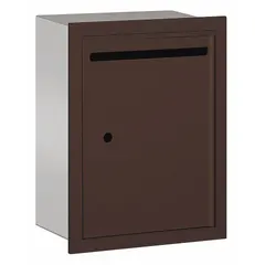 This single-door letter box is designed for recessed mounting in walls. It measures 19 inches high by 15 inches wide by 6 3/4 inches deep and has a powder-coated finish. Suitable for secure mail collection in commercial or institutional settings.