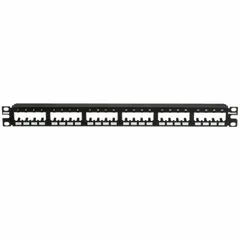 This 1 RU, 24-port flat patch panel is constructed of steel and designed for organizing and terminating copper cabling in network racks. It features front-numbered ports with adhesive labels for identification and rear access for cable management. The panel accepts Panduit Mini-Com Modules and is unshielded for use in structured cabling systems.