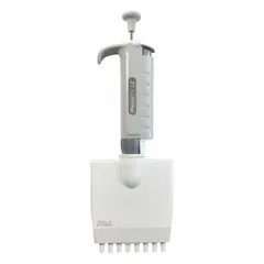 Manual adjustable volume pipette with 8 channels and a maximum capacity of 10 µL. Suitable for precise liquid handling in microplate-based workflows such as PCR setup, ELISA assays, and serial dilutions. Color: gray. Not autoclavable.