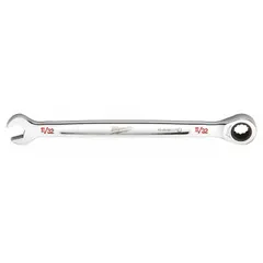 This SAE 12-point ratcheting combination wrench features an 11/32 in head size and a chrome finish. Constructed from chrome vanadium steel, it is designed for tightening and loosening fasteners in automotive, mechanical, and industrial maintenance applications. The ratcheting box end enables faster work without repositioning, while the open end provides standard wrench functionality.
