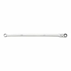 This metric double-end ratcheting box end wrench features a 10 mm head size with a 12-point design for quick fastener engagement. The flex head allows access in confined spaces. Made from alloy steel with a full polish chrome finish, it is suitable for tightening and loosening fasteners in automotive, industrial, and mechanical applications.