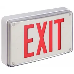 Vandal-resistant exit sign with a red LED face, constructed of white aluminum. Single-face design, not battery powered, operates on 120/277 V AC. Overall height 8 3/4 in, width 13 7/8 in. Suitable for marking emergency exits in industrial facilities, warehouses, and public buildings.