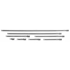This hand socket extension set features a 3/8 in output drive size and a standard type design with a chrome finish. It is used to extend the reach of a socket wrench for fastening or loosening nuts and bolts in automotive repair, machinery maintenance, and general assembly work.