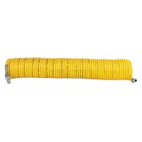 This nylon air gun hose features a 1/4 in inner diameter and 50 ft length, with a 600 in overall length. Constructed from nylon and steel for recoil functionality, it is used in compressed air systems for tasks such as cleaning, drying, and powering pneumatic tools in workshops and assembly lines