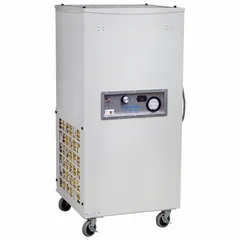 This side-type negative air machine is constructed with lightweight aluminum. It operates under negative air pressure to capture airborne contaminants and includes an air filter for particulate filtration. The unit also provides ultraviolet germicidal irradiation. Typical applications include air treatment in industrial, healthcare, and construction settings.