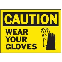 Polyester caution sign with adhesive mounting, measuring 3 1/2 in x 5 in and 0.01 in thick. Supplied in a 5-pack. Not retroreflective, not glow-in-the-dark, and without anti-slip surface. Used in industrial environments to remind personnel to wear gloves for hand protection