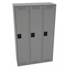 This TENNSCO wardrobe locker is made of steel with a medium gray finish and features a louvered door for ventilation. It includes a padlock hasp for user-supplied locks and a number plate for identification. The locker is assembled, 3 units wide, and 1 tier high, suitable for personal storage in facilities requiring secure, ventilated compartments.