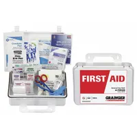 Portable plastic first aid kit for industrial settings, serving 25 people. Includes 139 components: (8) knuckle bandages, (10) BZK wipes, (24) aspirins, and a triangular bandage. OSHA compliant. White housing