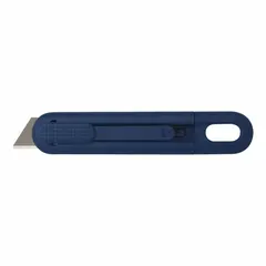 This automatic retracting utility knife features a press-and-pull operation and a stainless steel rounded tip. The textured blue plastic handle provides a secure grip. Overall length is 5-1/2 inches, overall width is 1 inch. Suitable for cutting cardboard, plastic strapping, shrink wrap, and tape in warehouses, shipping departments, and manufacturing facilities.