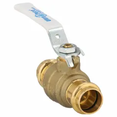 This 3/4-inch brass ball valve features a straight, two-piece body with Press x Press connections and a lever handle for manual on/off flow control. Suitable for water, oil, and gas applications in industrial piping systems where reliable shut-off is required.