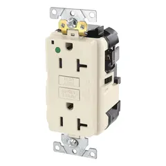 Hospital-grade, decorator duplex GFCI receptacle with 5-20R configuration for 20A 125V circuits. Light almond finish. Suitable for commercial and institutional applications requiring ground-fault protection.