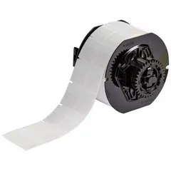 Precut label roll for wire, cable, and small cylindrical surface identification. Self-extinguishing vinyl material with matte clear finish. Compatible with i3300 printer series; requires B30-R4300 ribbon.