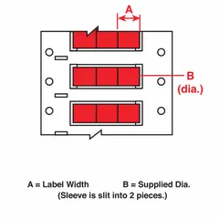 Polyolefin sleeve labels in red matte finish, measuring 3/16 in x 21/32 in. Designed for wire marking on 10 AWG to 20 AWG conductors. Compatible with Brady i5100 printer series. Used for identification in control panels, electrical cabinets, and maintenance applications.