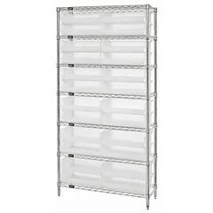 Wire stationary bin shelving unit with a chrome carbon steel frame and 24 clear hopper bins. Each bin measures 5 x 16-1/2 x 10-7/8 inches. Single-sided open access design for organizing small parts in warehouses, workshops, and industrial facilities.