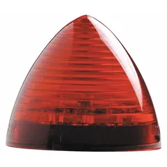 Red LED clearance marker light with triangle shape for surface mount via grommet. Features PL-2 connector, SAE P2 lens code, and IP67 weather resistance. Used on vehicles to indicate width and height.