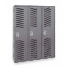 This HALLOWELL ventilated steel wardrobe locker is 3 units wide and 1 tier high, with a dark gray finish. It features ventilated doors for airflow and a padlock hasp for security. The locker is fully assembled and includes a number plate. Suitable for personal storage in industrial, educational, or recreational settings.